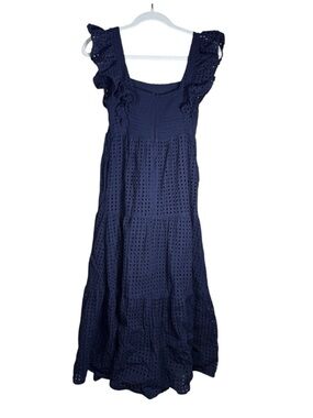 En Saison Tiered Eyelet Ruffle Sleeve Nap Midi Dress Sz XS Navy